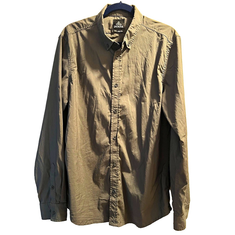 prAna Men’s L Gray Long Sleeve Button Down Collar Shirt 46x30 Lyocell Spandex